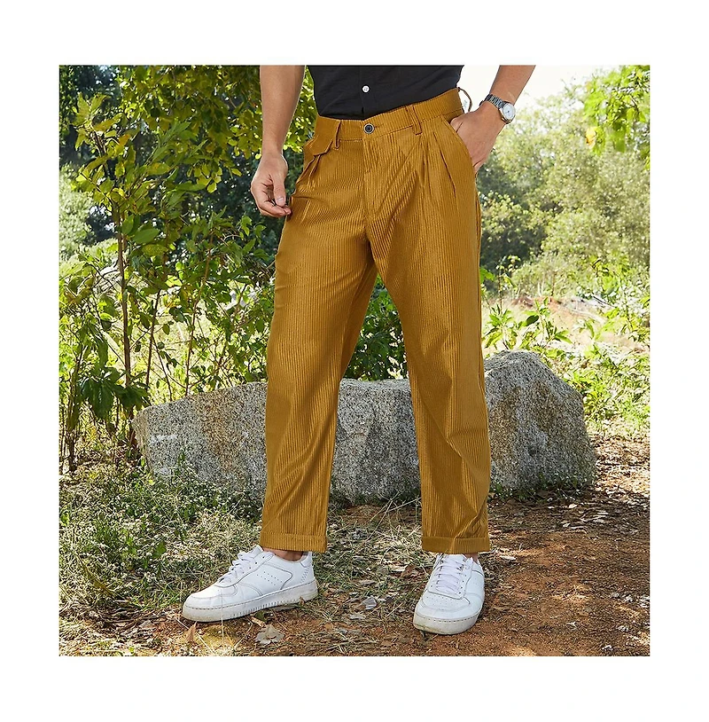 Campus Sutra Men's Mustard Yellow Corduroy Tailored Trousers
