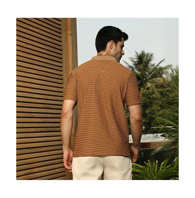 Campus Sutra Men's Coffee Brown Crease-Tactile Cuban Polo T-Shirt