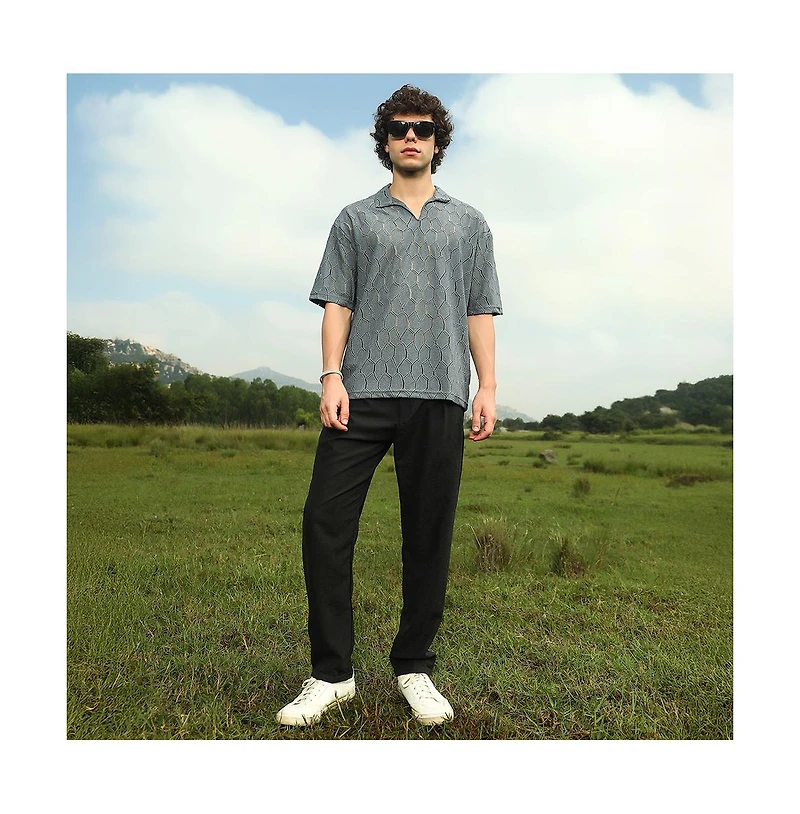 Campus Sutra Men's Moon Grey Honeycomb-Knit Polo T-Shirt