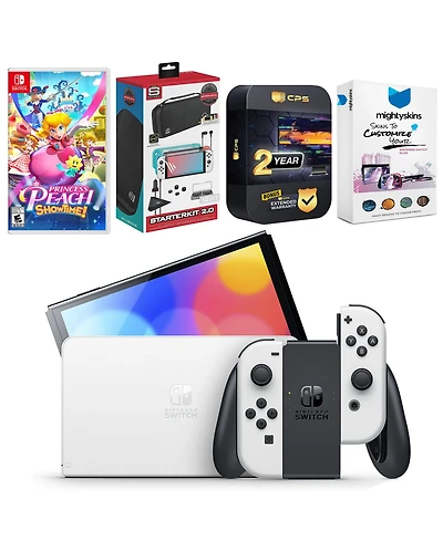 Nintendo Switch White Oled Console with Princess Peach: Showtime!, Surge Accessory Gaming Kit, MightySkins Console and Controller Skin Voucher, and 2