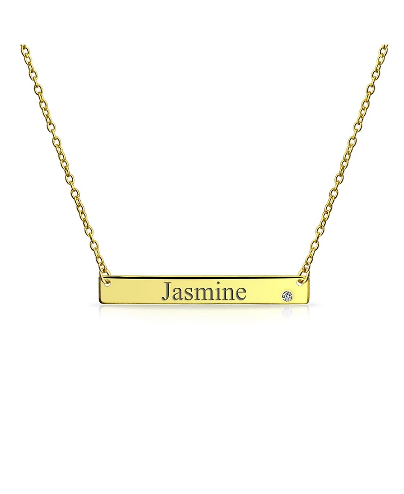 Bling Jewelry Horizontal Sideway Flat Bar Name Plated Pendant Necklace Gold Sterling Silver With Crystal