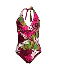 Lands' End Women's Sculpting Suit Plunge Halter High Leg One Piece Swimsuit
