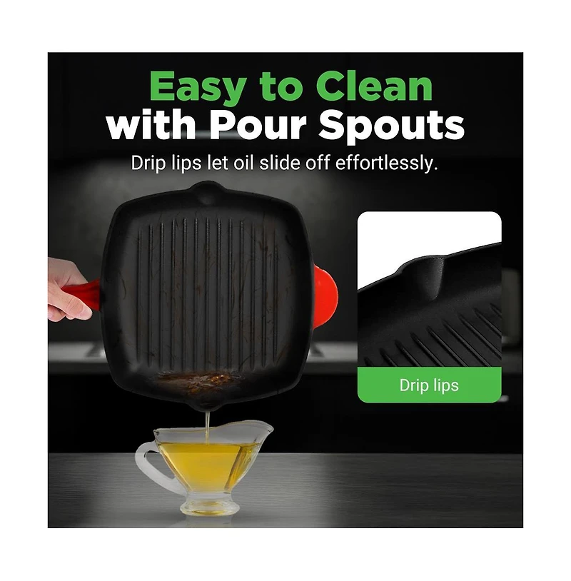 NutriChef 17.09” Heavy-Duty Cast Iron Square Skillet Grill Pan NCCIES47
