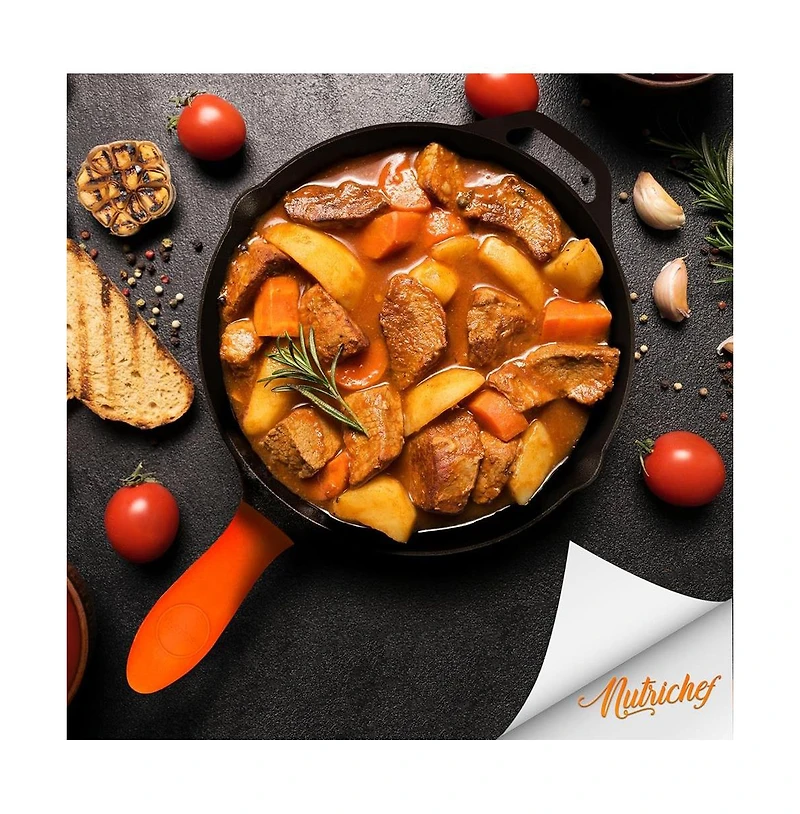 NutriChef 12'' Pre-Seasoned Cast Iron Pan with Glass Lid & Silicone Handle NCCI12