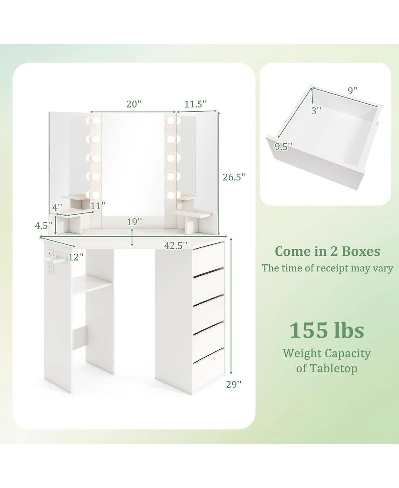 Corner Vanity Desk with 3-Color Led Lighted Mirror and Power Outlet
