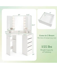 Corner Vanity Desk with 3-Color Led Lighted Mirror and Power Outlet