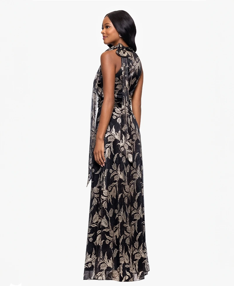 Betsy & Adam Women's Metallic-Print Long Halter Dress