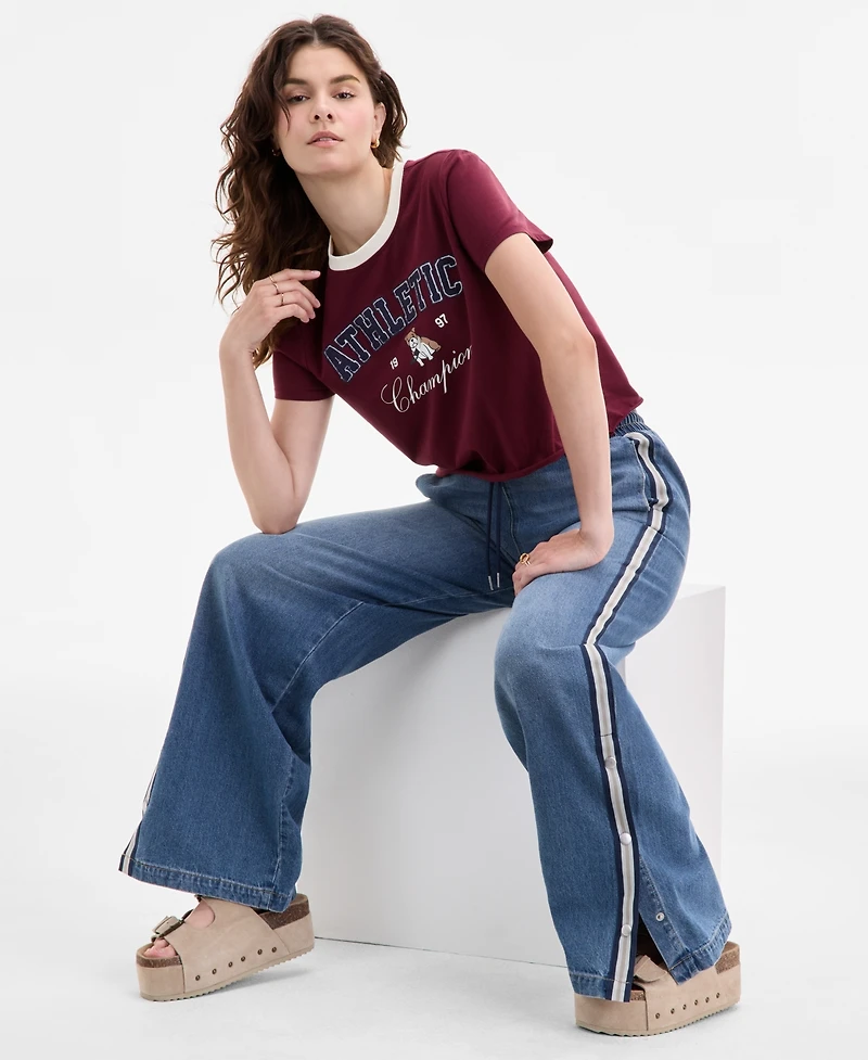 Madden Girl Juniors' Pull-On Side-Snap Wide-Leg Jeans