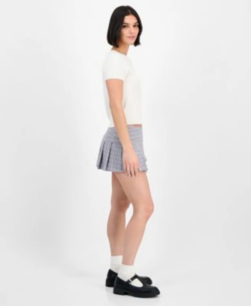 Freshman Juniors Short Sleeve Crewneck Cable Knit Sweater Madden Girl Plaid Pleated Mini Skort