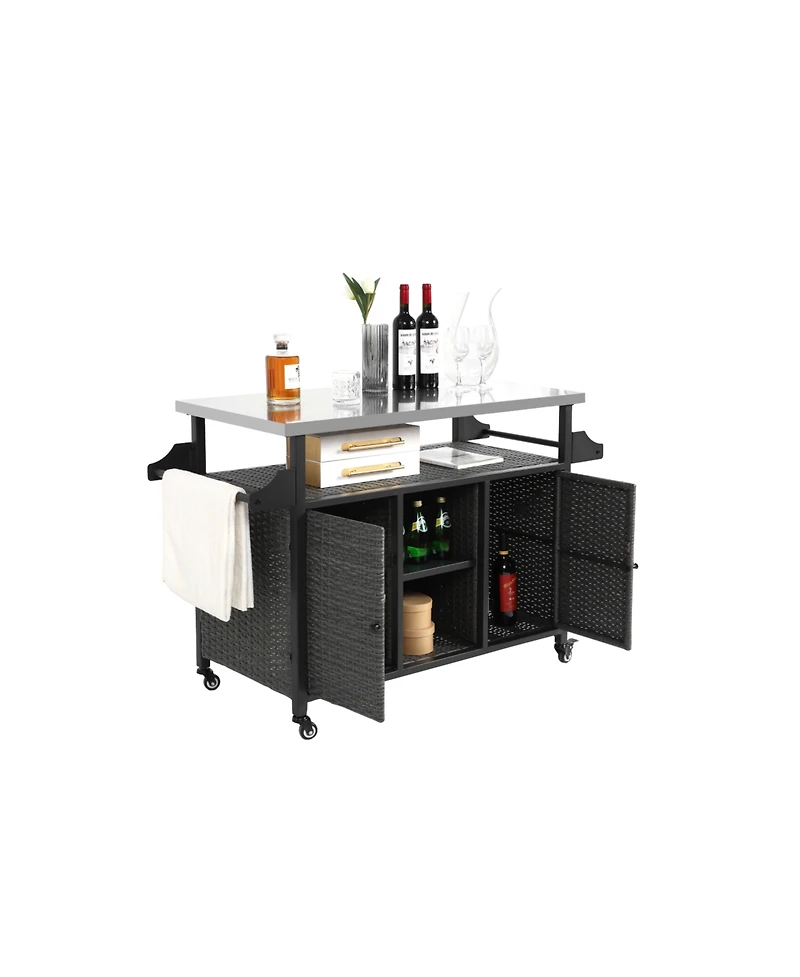 Outdoor Wicker Rolling Cart with Stainless Steel Top