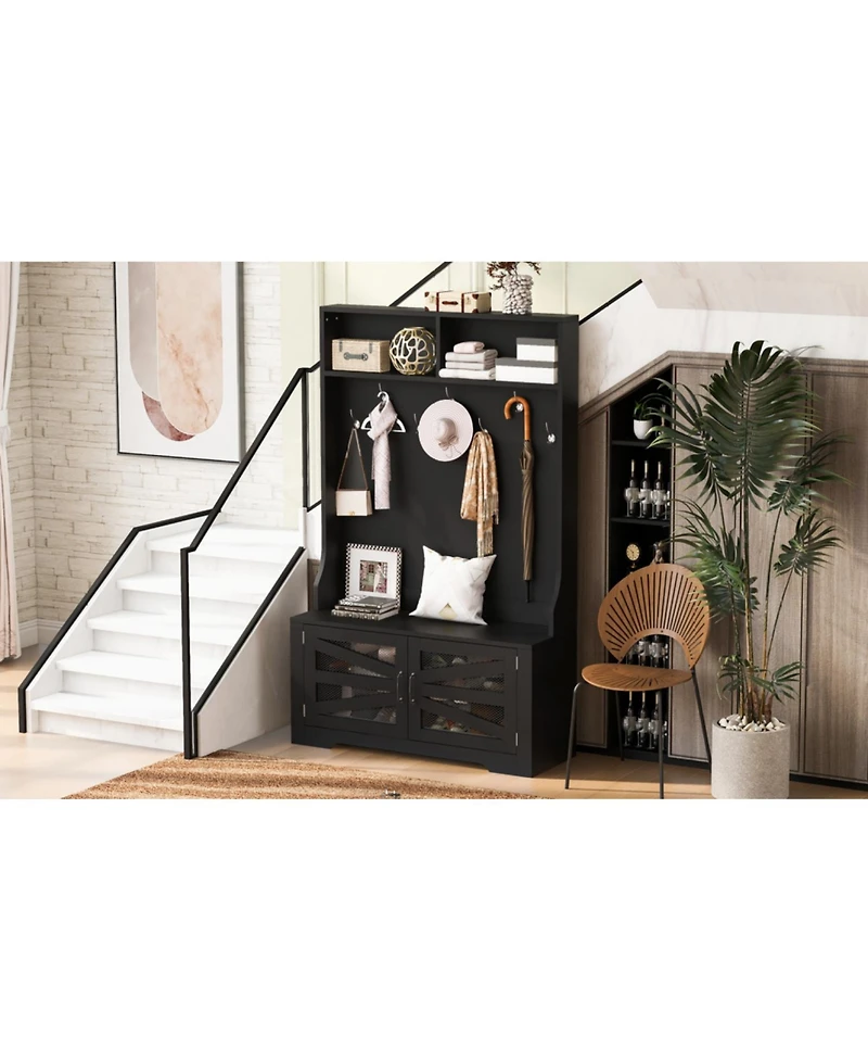 Entryway Bench with Coat Rack & Adjustable Shelves