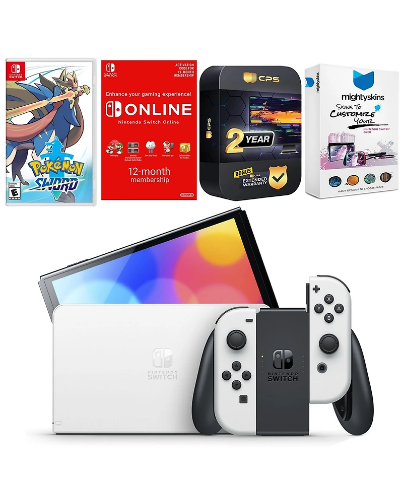 Nintendo Switch White Oled Console with Pokemon Sword, Nso 12 Month Family Membership, MightySkins Console and Controller Skin Voucher, and 2 Year Cps