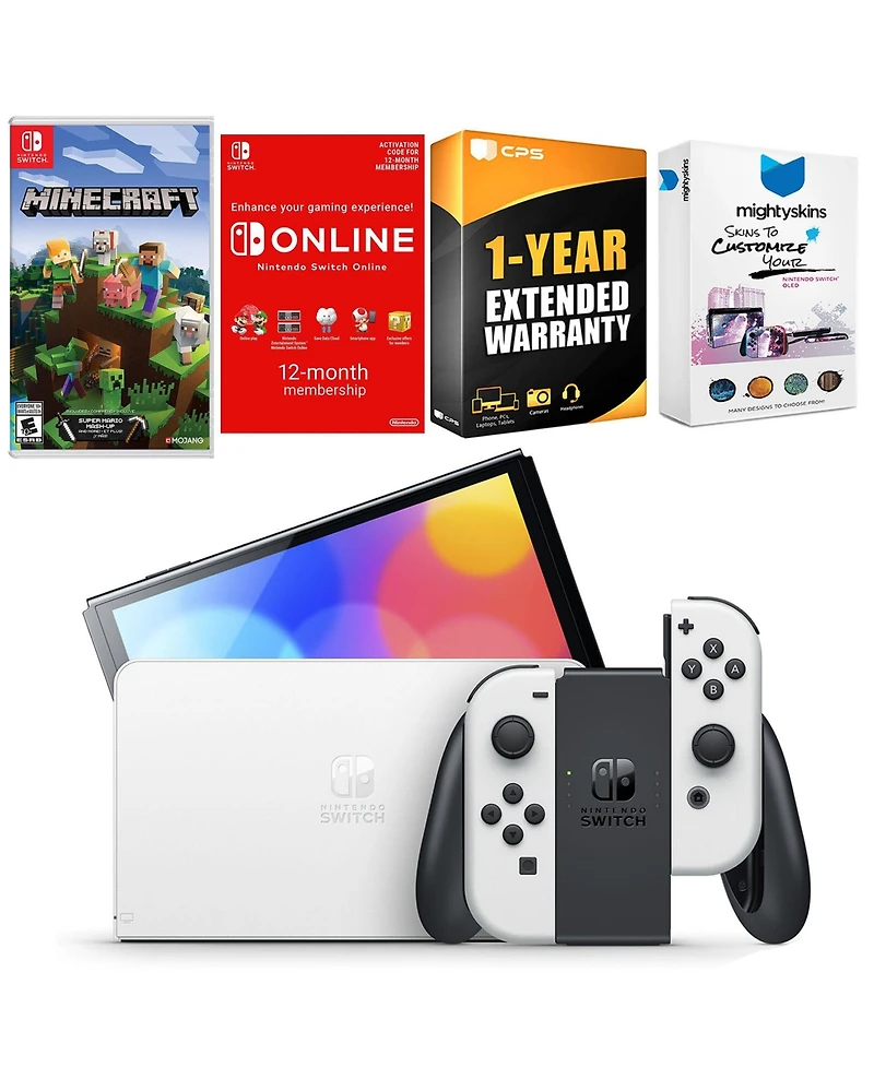 Nintendo Switch White Oled Console with Minecraft: Switch Edition, Nso 12 Month Family Membership, MightySkins Console and Controller Skin Voucher
