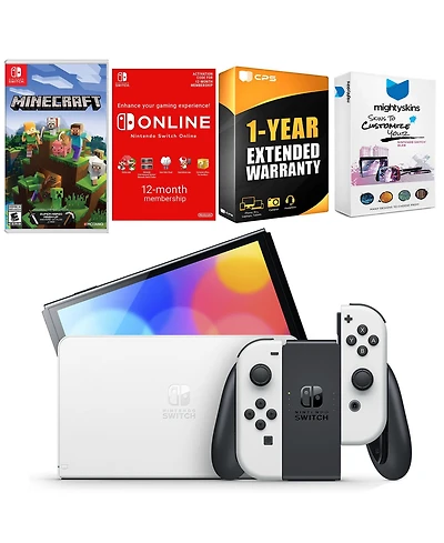 Nintendo Switch White Oled Console with Minecraft: Switch Edition, Nso 12 Month Family Membership, MightySkins Console and Controller Skin Voucher