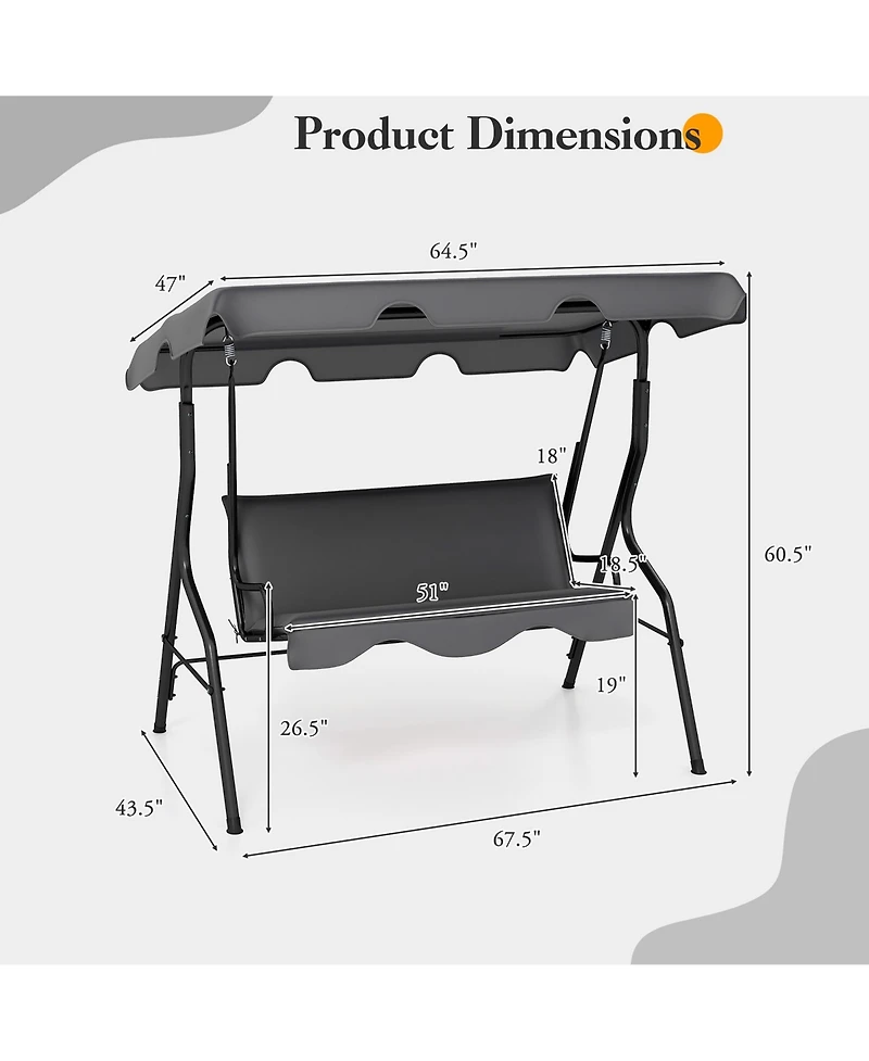 Gymax 3-Person Swing Chair Porch Seat w/ Adjustable Canopy Removable Cushion