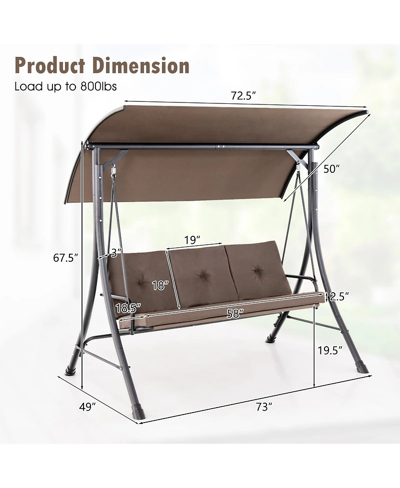Gymax 3-Seat Outdoor Porch Swing w/ Adjustable Canopy Thickened Cushions Metal Frame