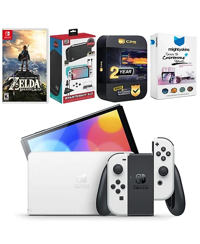 Nintendo Switch White Oled Console with the Legend of Zelda: Breath of the Wild, Surge Accessory Gaming Kit, MightySkins Console and Controller Skin V