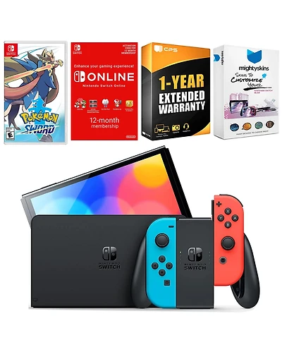 Nintendo Switch Neon Red & Blue Oled Console with Pokemon Sword, Nso 12 Month Family Membership