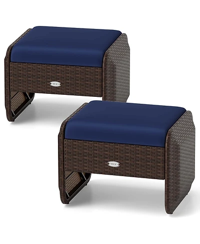 2 Pieces Outdoor Patio Pe Wicker Ottomans with Removable Cushions Footstools