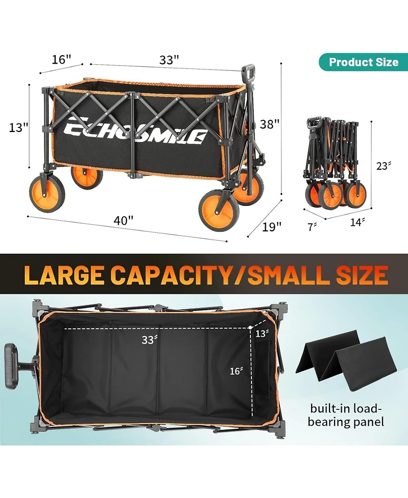 EchoSmile Collapsible Foldable Wagon with 300lbs Weight Cart Heavy Duty Folding Beach Wagon Cart with Wheels and Adjustable Handle for Camping Garden