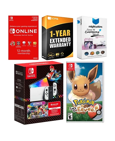 Nintendo Switch Oled Console Mario Kart 8 Bundle with Pokemon Let's Go, Eevee!, Nso 12 Month Family Membership