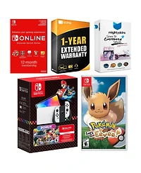 Nintendo Switch Oled Console Mario Kart 8 Bundle with Pokemon Let's Go, Eevee!, Nso 12 Month Family Membership
