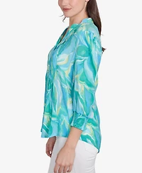 Ruby Rd. Petite Abstract Tropical Silky Button Front V-Neck Top