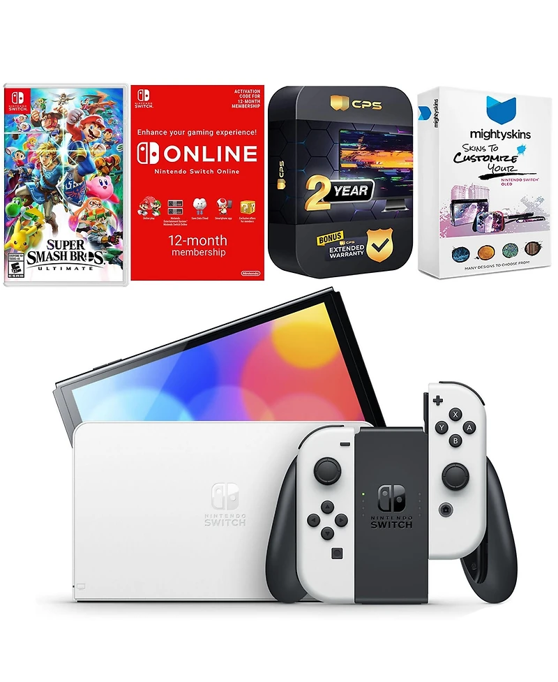 Nintendo Switch White Oled Console with Super Smash Bros: Ultimate, Nso 12 Month Family Membership, MightySkins Console and Controller Skin Voucher, a