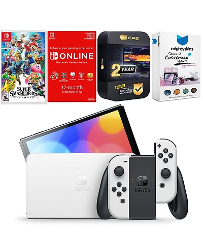 Nintendo Switch White Oled Console with Super Smash Bros: Ultimate, Nso 12 Month Family Membership, MightySkins Console and Controller Skin Voucher, a