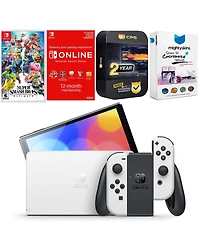 Nintendo Switch White Oled Console with Super Smash Bros: Ultimate, Nso 12 Month Family Membership, MightySkins Console and Controller Skin Voucher, a