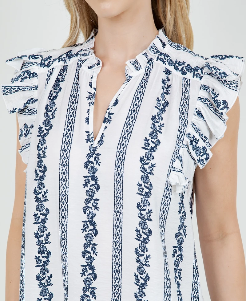 Fever Women's V-Neck Henley Button Front W/Puff Short Sleeve Top