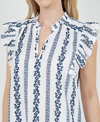Fever Women's V-Neck Henley Button Front W/Puff Short Sleeve Top