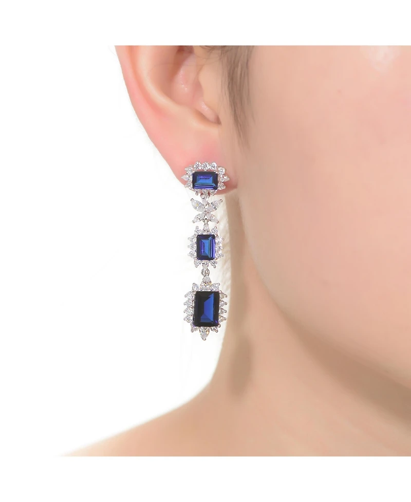 Sterling Silver with White Gold Plated Colored Cubic Zirconia Halo Three-Tier Earrings
