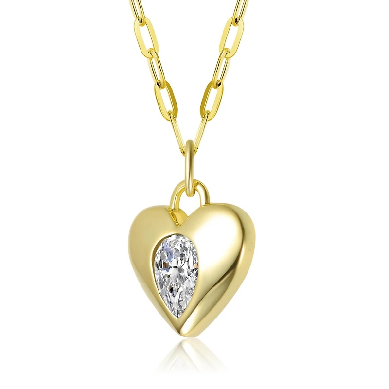 14K Gold Plated with Clear Cubic Zirconia Heart Pendant Necklace