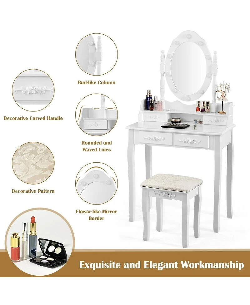 Makeup Vanity Dressing Table Set with Dimmable Bulbs Cushioned Stool