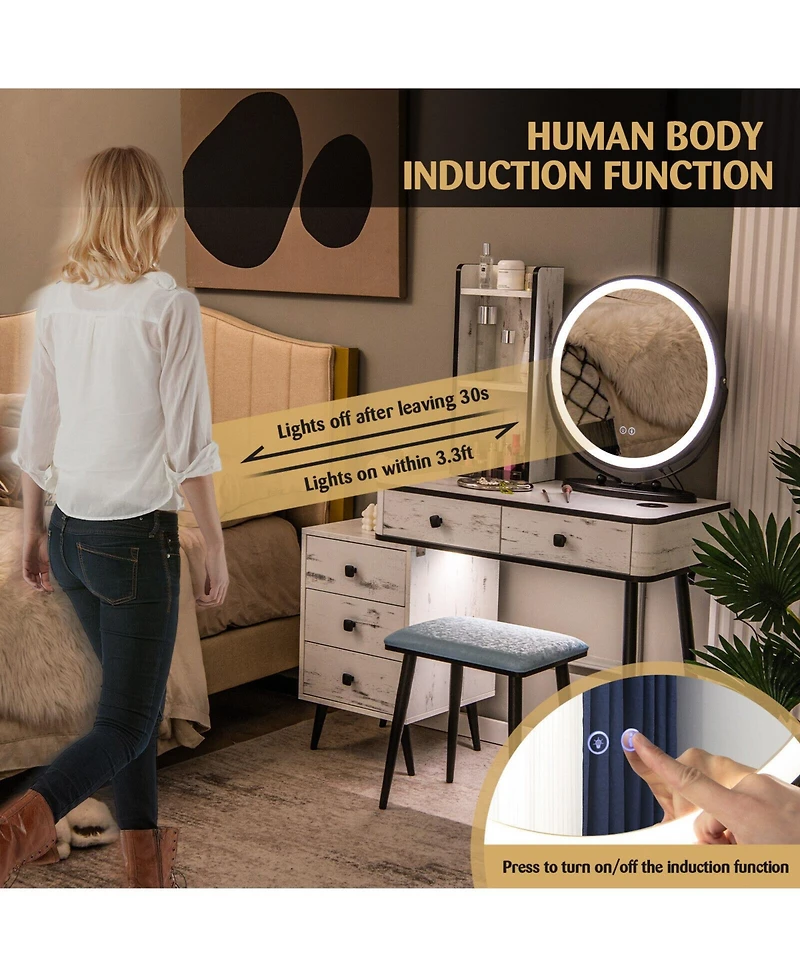 Vanity Table Set with 3-Color Lighted Mirror and Cushioned Stool