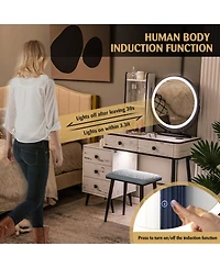 Vanity Table Set with 3-Color Lighted Mirror and Cushioned Stool