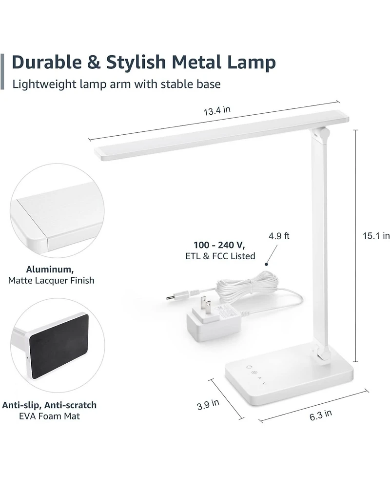 Lepro Led Desk Lamp with 9.5W 750LM Metal Touch Control , 5 Color Modes 5 Brightness Level, Eye Caring For Reading, Crafts, School Supplies, White