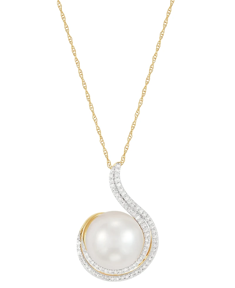 Honora Ming Pearl (11mm) & Diamond (1/4 ct. t.w.) Swirl 18" Pendant Necklace in 14k Gold