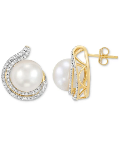 Honora Cultured Freshwater Pearl (9 - 9-1/2mm) & Diamond (1/3 ct. t.w.) Stud Earrings in 14k Yellow Gold