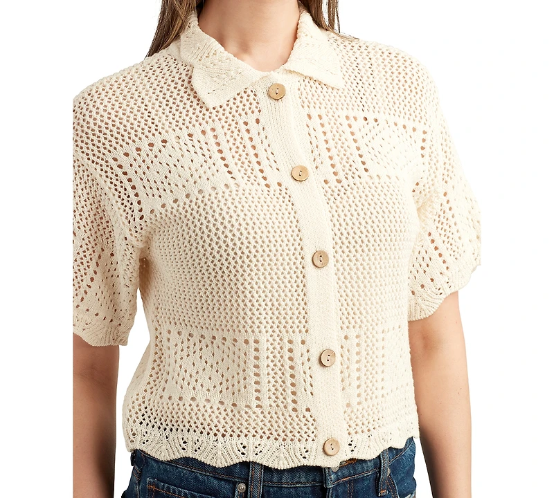 Bcx Juniors' Short-Sleeve Scalloped Cardigan Sweater