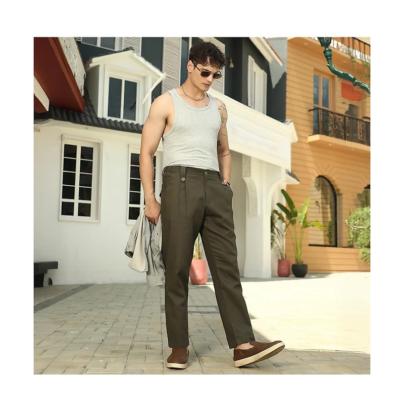 Men's Sacramento Green Ribbed-Pleated Chino Trousers