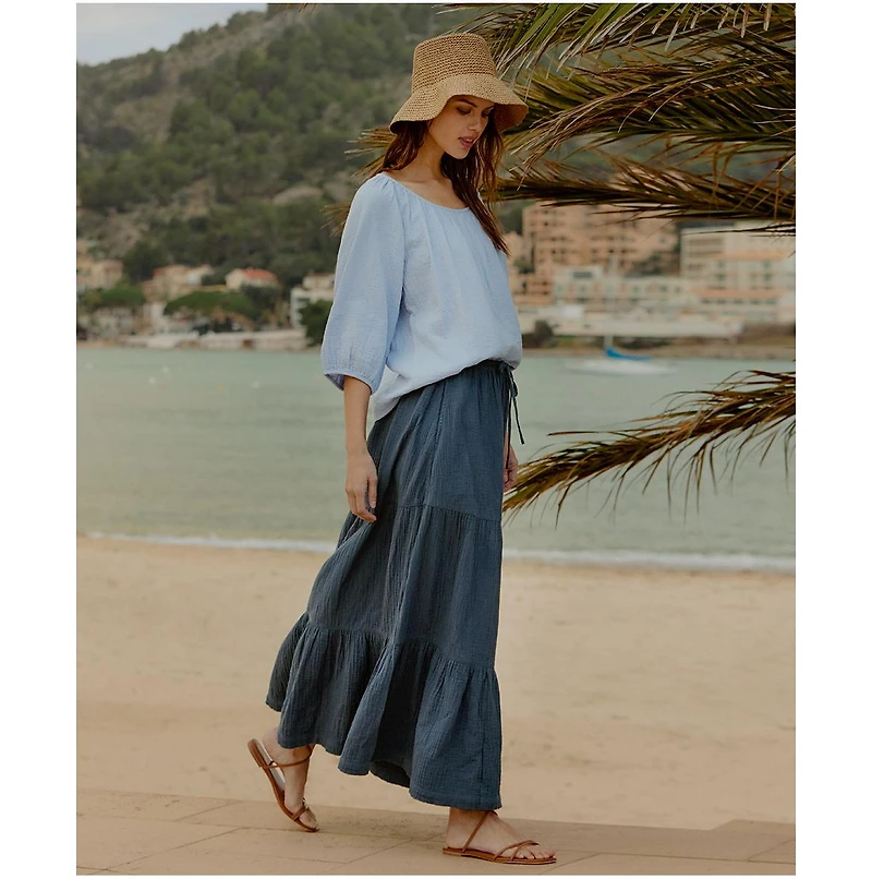 Pact Women's Organic Cotton Coastal Double Gauze Tiered Maxi Skirt