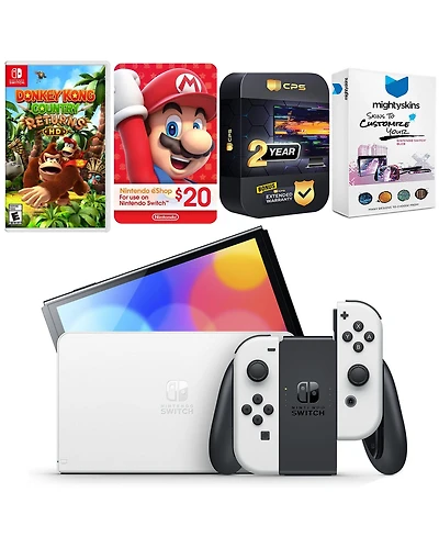 Nintendo Switch White Oled Console with Donkey Kong Country Returns Hd, Nintendo $20 eShop Gift Card, MightySkins Console and Controller Skin Voucher,