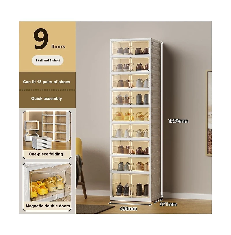 Shoe Organizer Storage Box, 18 Pairs Foldable Shoe Rack for Closet with Dustproof Doors, No Assembly Stackable Boot Shoes Boxes Cabinet Bins for Men a