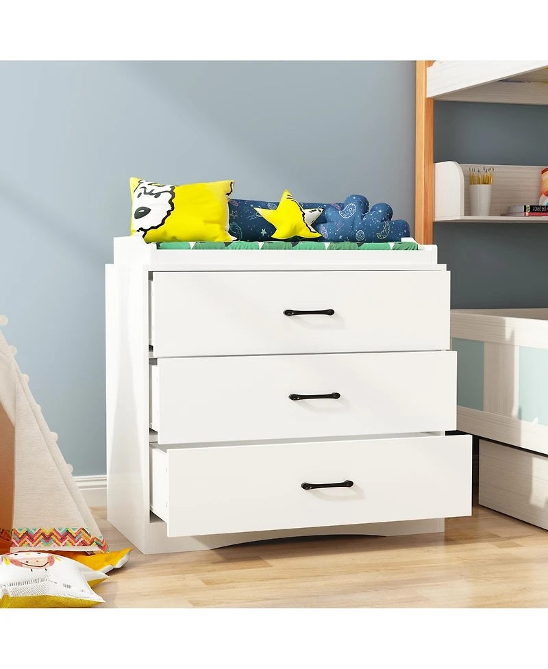 Multi-purpose changing table with three drawers, baby changing station with changing table top and drawers, white wood