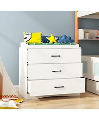 Multi-purpose changing table with three drawers, baby changing station with changing table top and drawers, white wood