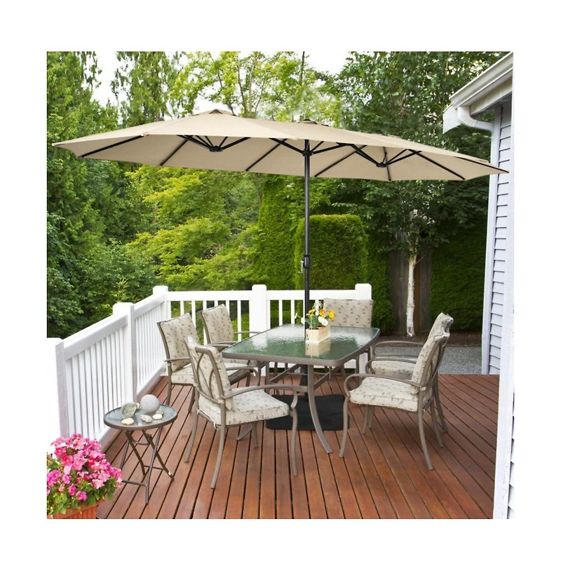 15 Feet Double-Sided Twin Patio Umbrella with Crank and Base