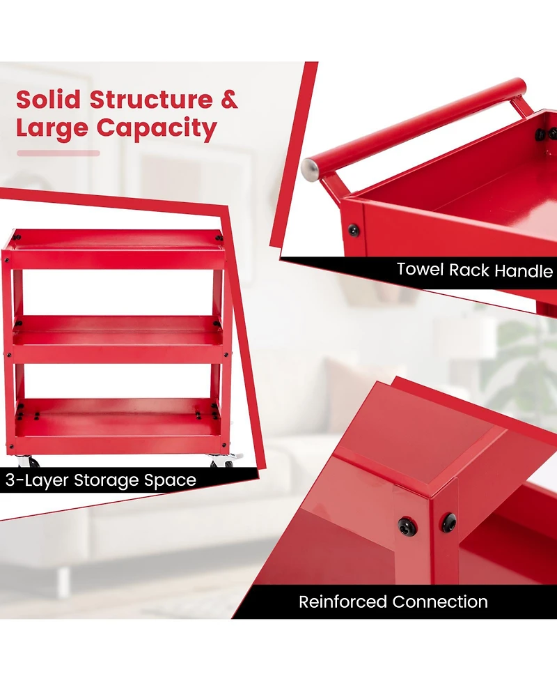 3-Tier Utility Cart with Steel Frame and Four Wheels