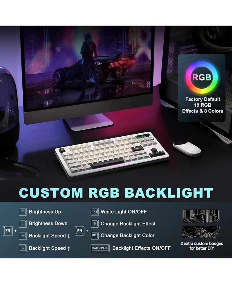 Yunzii YZ87 75% Gasket Mechanical Keyboard, Tkl Wireless Hot Swappable Bluetooth Gaming Keyboard with 4-Layer Padding, BT5.0/2.4Ghz/Type-c Nkro Rgb Ba